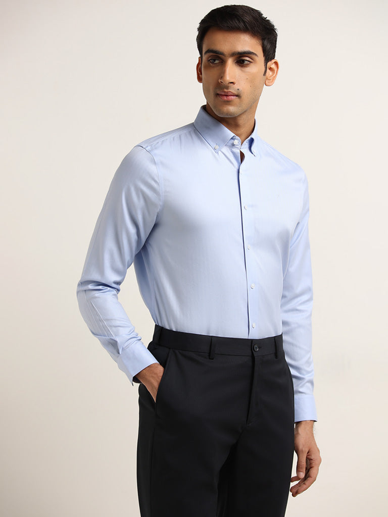 WES Formals Light Blue Solid Cotton Slim Fit Shirt