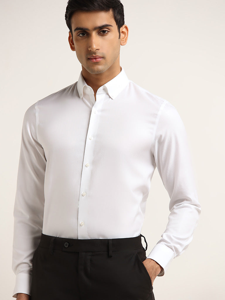 WES Formals Solid White Cotton Slim Fit Shirt