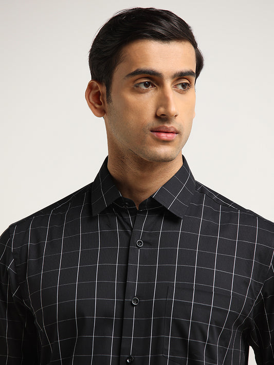WES Formals Black Checked Cotton Relaxed Fit Shirt