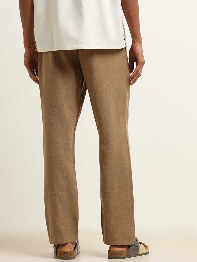 ETA Brown Self-Patterned Cotton Relaxed Fit Chinos