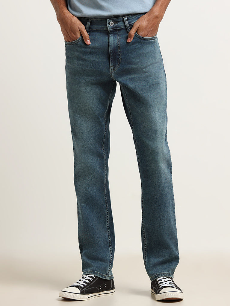Nuon Blue Washed Straight-Leg Mid Rise Jeans