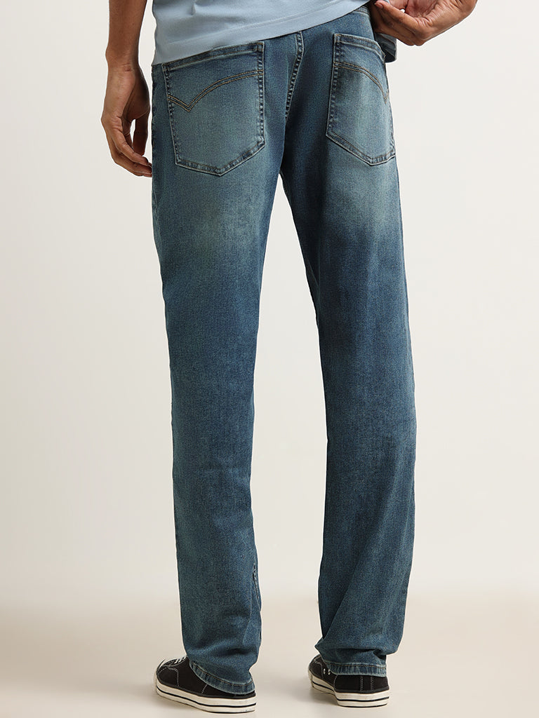 Nuon Blue Washed Straight-Leg Mid Rise Jeans