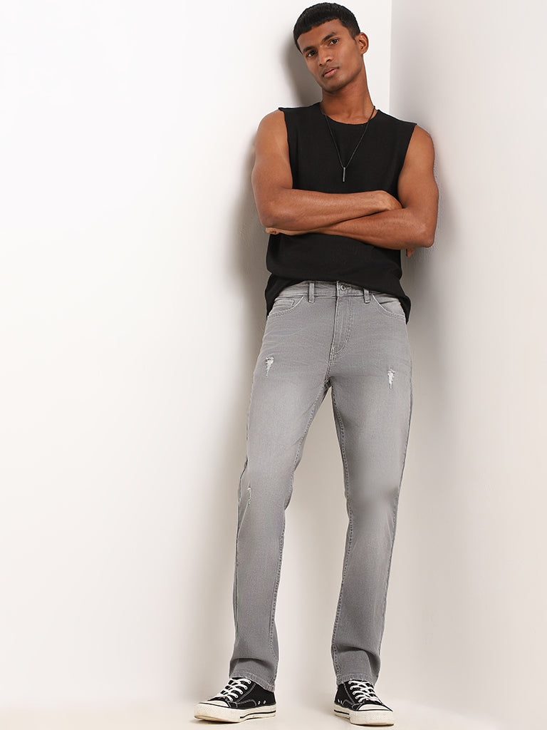 Nuon Grey Distressed Mid Rise Straight Fit Jeans