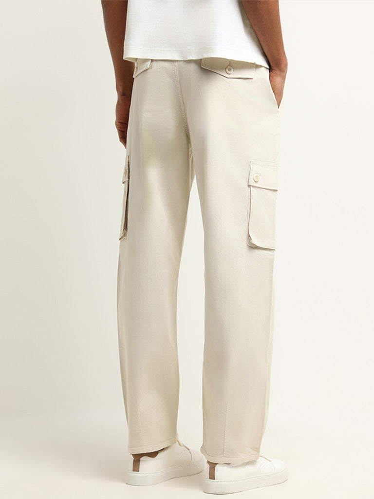 Nuon Cream Mid Rise Cotton Blend Relaxed Fit Cargo Pants