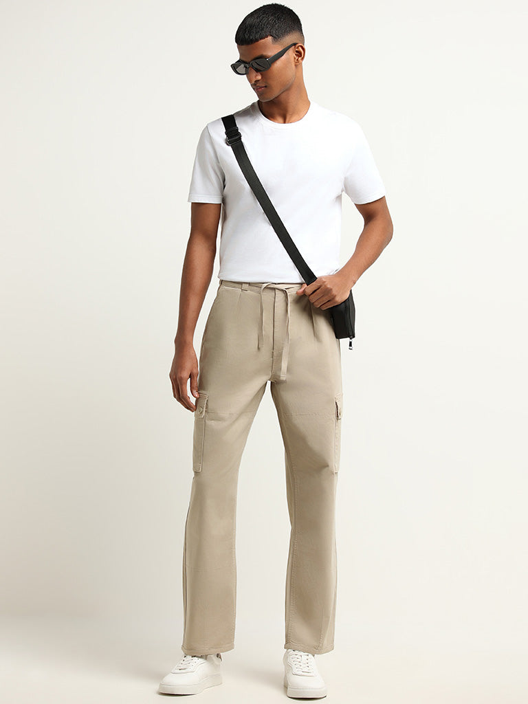 Nuon Beige Mid Rise Relaxed Fit Cargo Pants