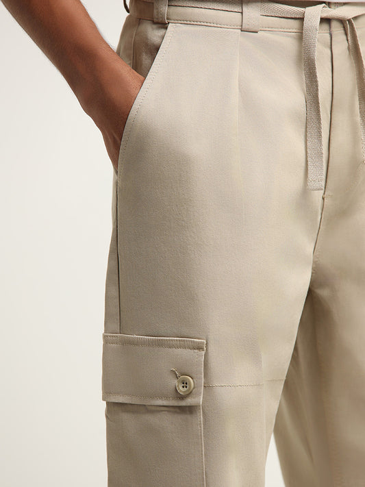 Nuon Beige Mid Rise Cotton Blend Relaxed Fit Cargo Pants