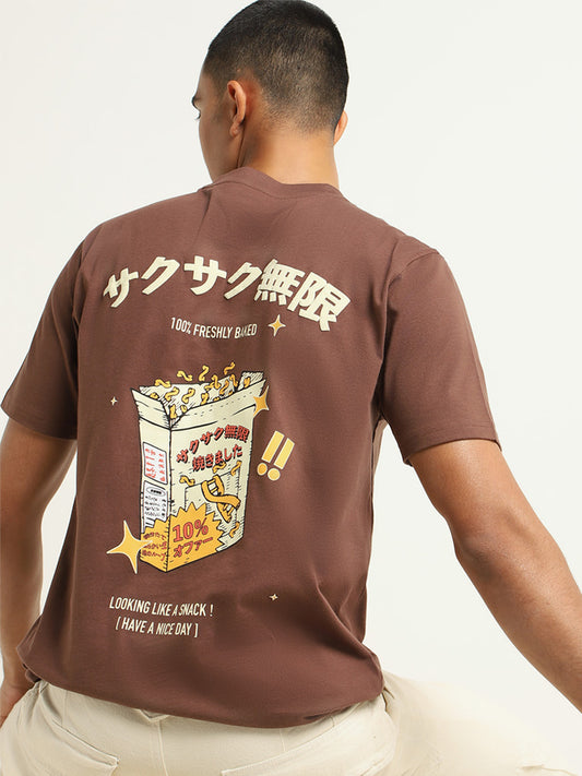 Nuon Brown Printed Cotton Slim Fit T-Shirt