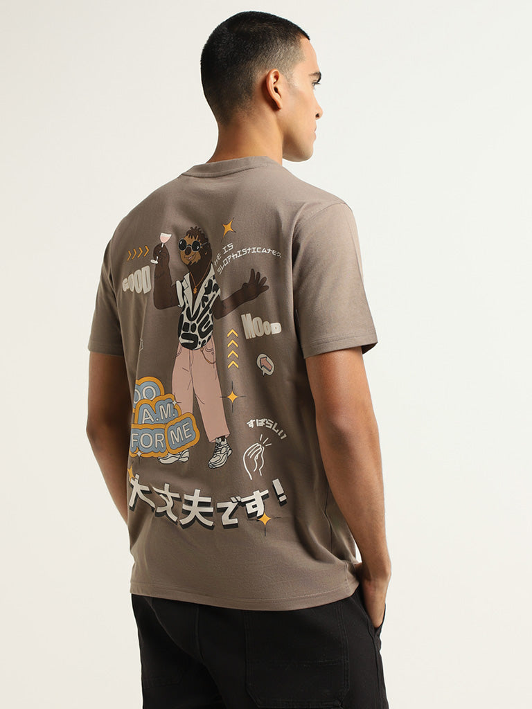 Nuon Brown Printed Cotton Slim Fit T-Shirt