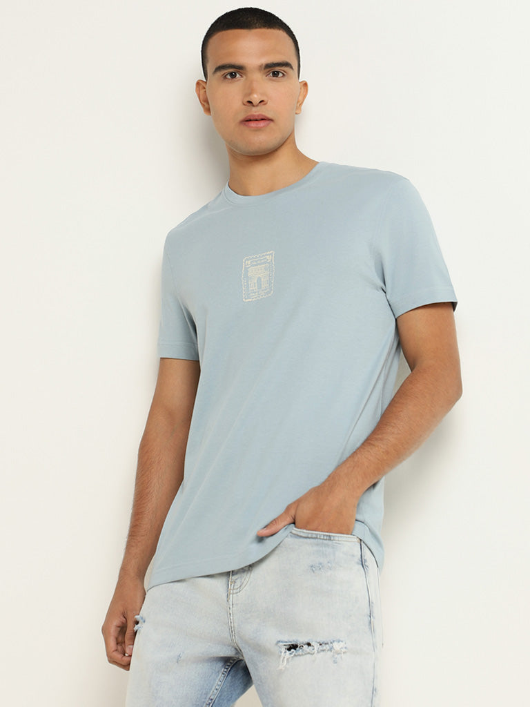 Nuon Blue Printed Cotton Slim Fit T-Shirt