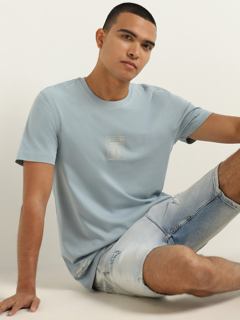 Nuon Blue Printed Cotton Slim Fit T-Shirt