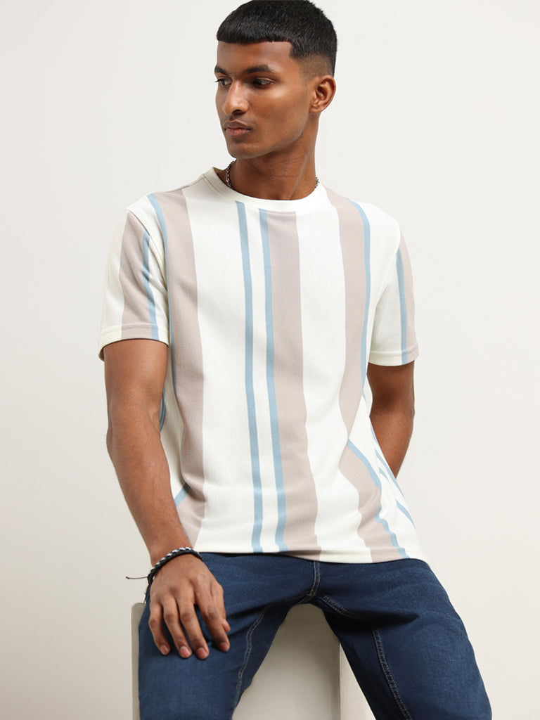 Nuon White Striped Cotton Blend Slim Fit T-Shirt