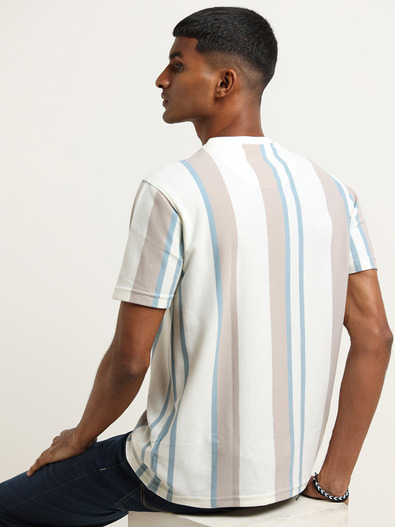 Nuon White Striped Cotton Blend Slim Fit T-Shirt