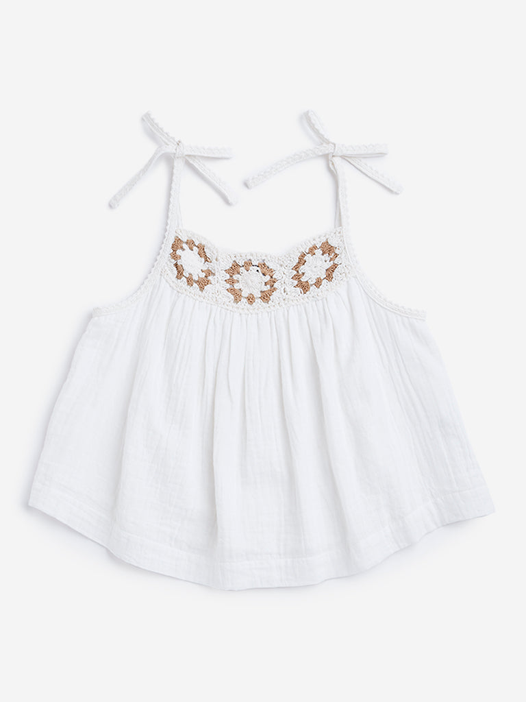 Y&F Kids White Floral Embroidered Sleeveless Top