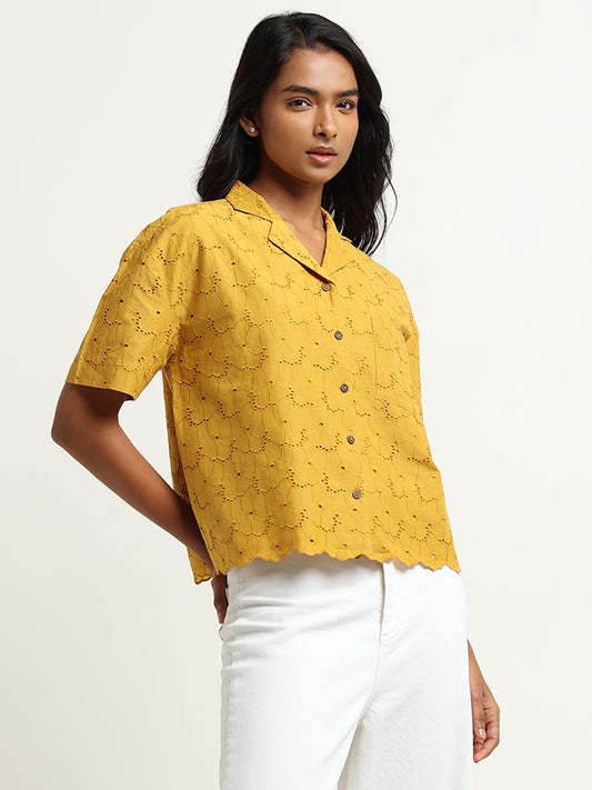 LOV Mustard Eyelet Embroidered Cotton Shirt