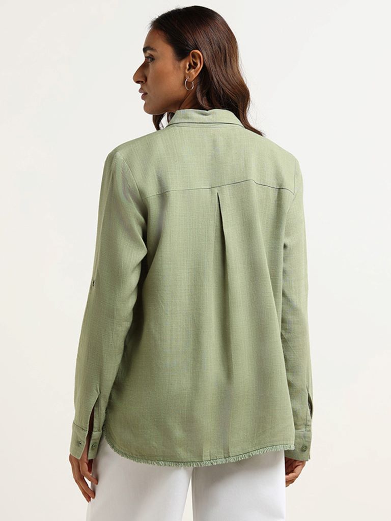 LOV Self-Patterned Green Cotton Shirt