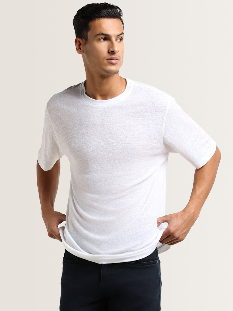 Ascot White Linen Solid Relaxed Fit T-Shirt