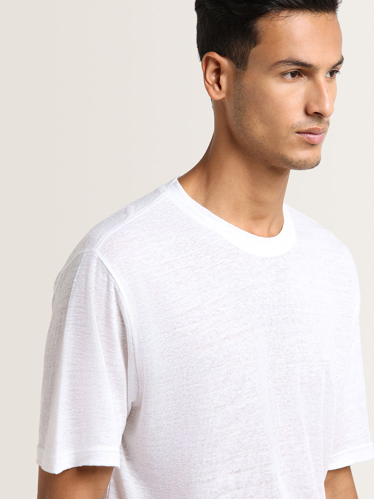 Ascot White Linen Solid Relaxed Fit T-Shirt