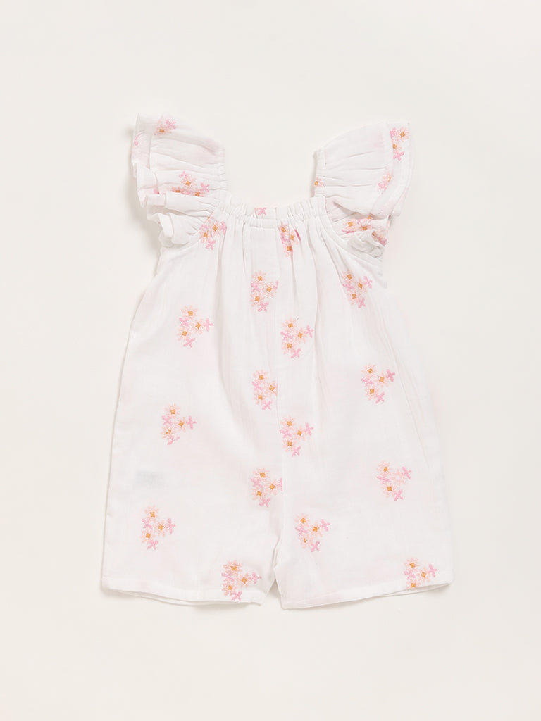 HOP Baby White Embroidered Playsuit