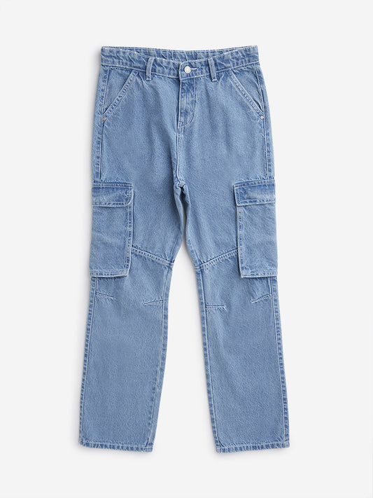 Y&F Kids Blue Mid Rise Cargo Fit Jeans
