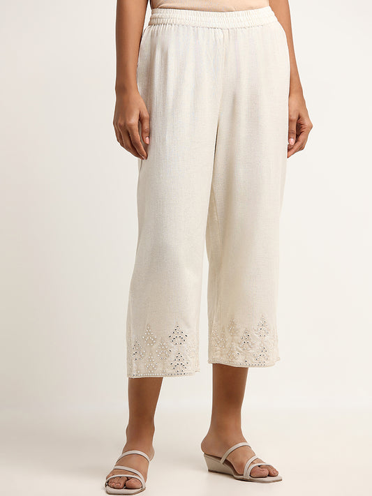 Utsa Off-White Mid-Rise Mirror Embroidered Blended Linen Pants