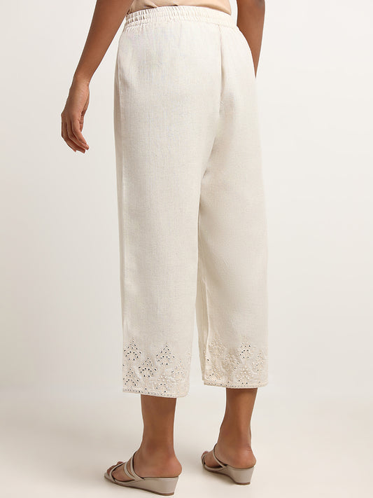 Utsa Off-White Mid-Rise Mirror Embroidered Blended Linen Pants