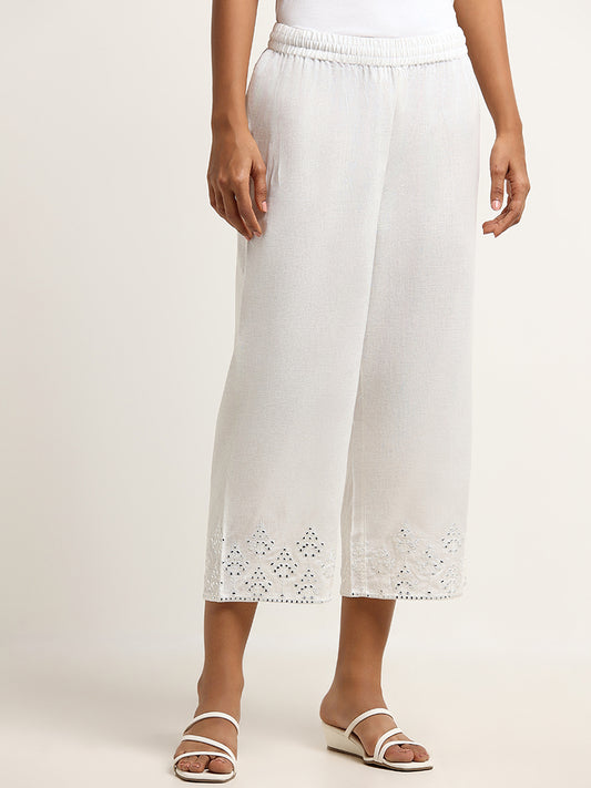Utsa White Mid-Rise Mirror Embroidered Blended Linen Pants