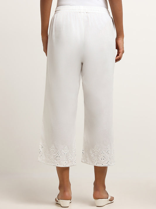 Utsa White Mid-Rise Mirror Embroidered Blended Linen Pants