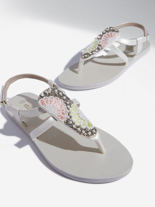 Yellow Ivory Embellished T-Strap Sandals