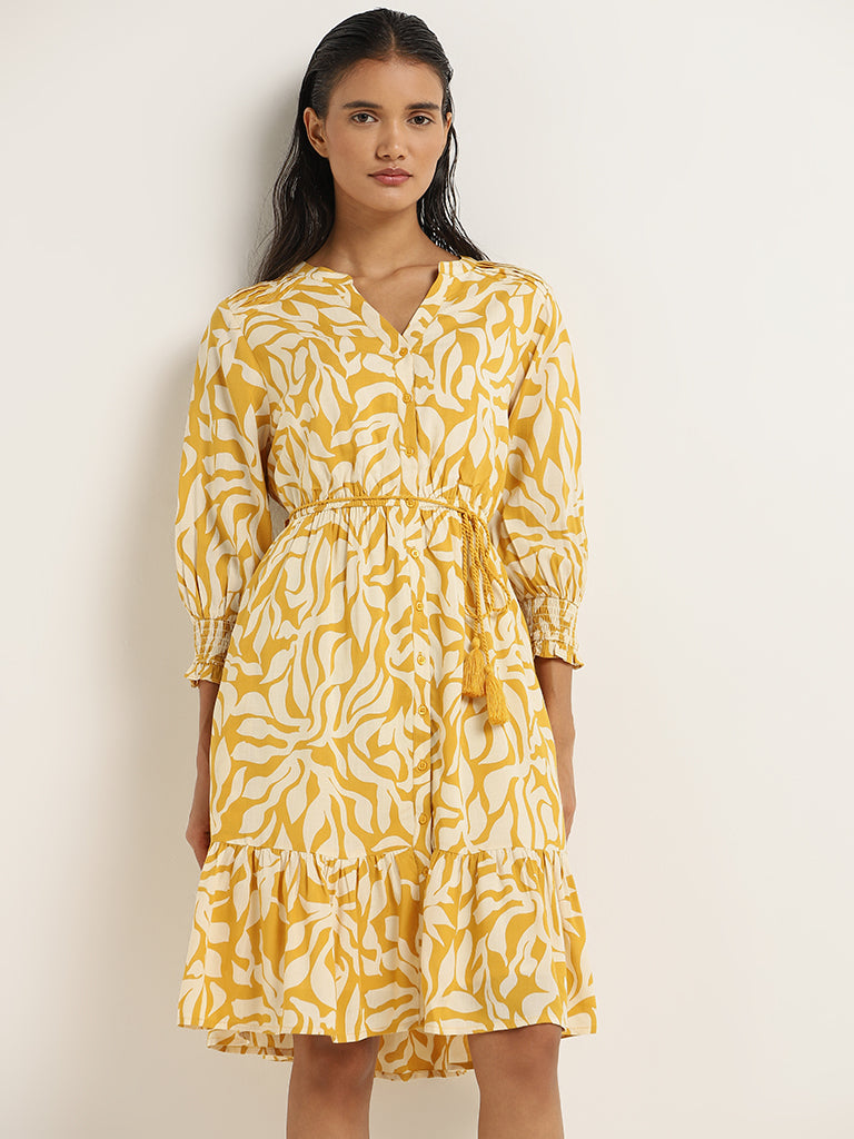 LOV Yellow Printed Tiered Dress with Belt