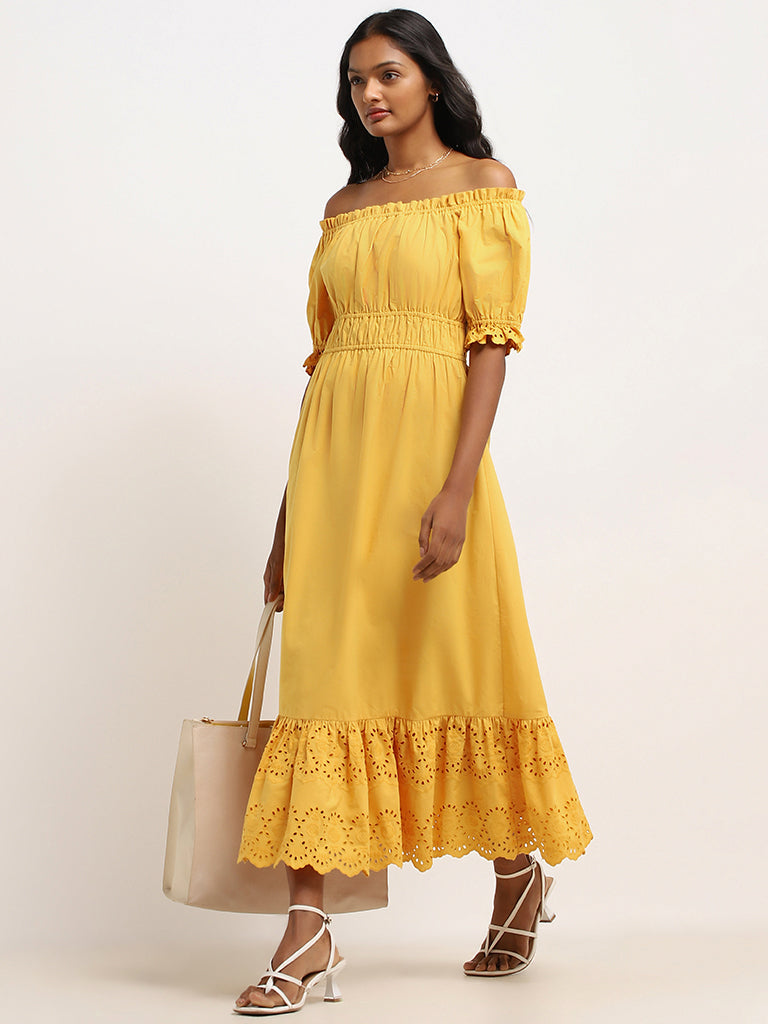 LOV Yellow Schiffli Off-Shoulder Maxi Dress