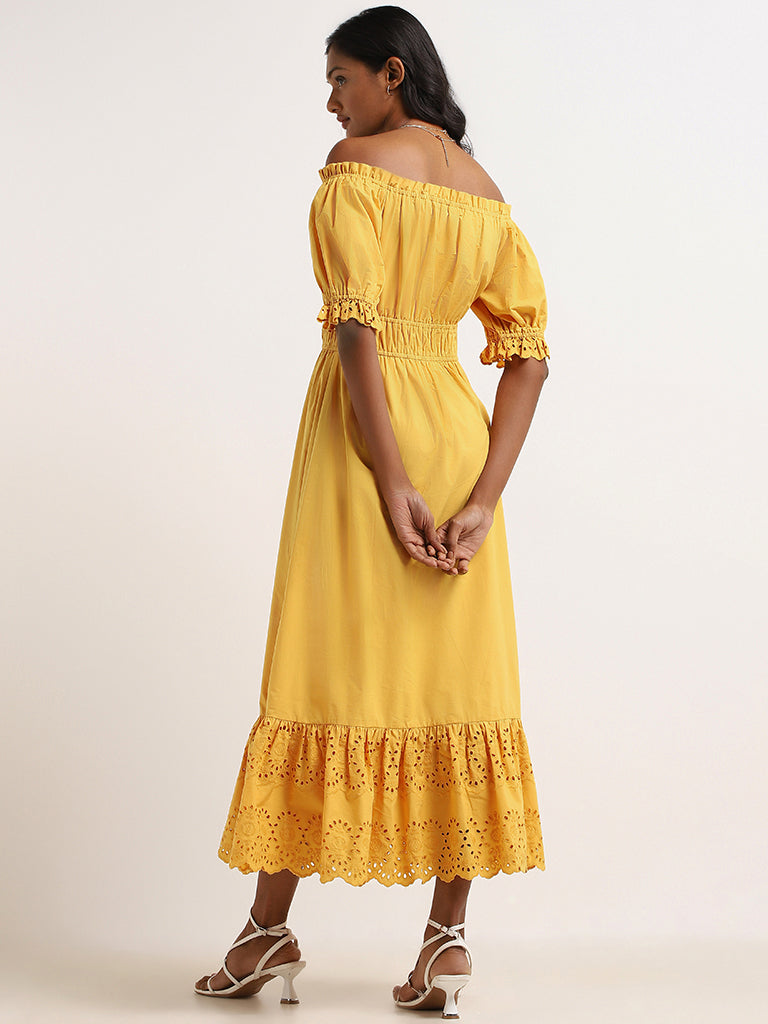 LOV Yellow Schiffli Off-Shoulder Maxi Dress