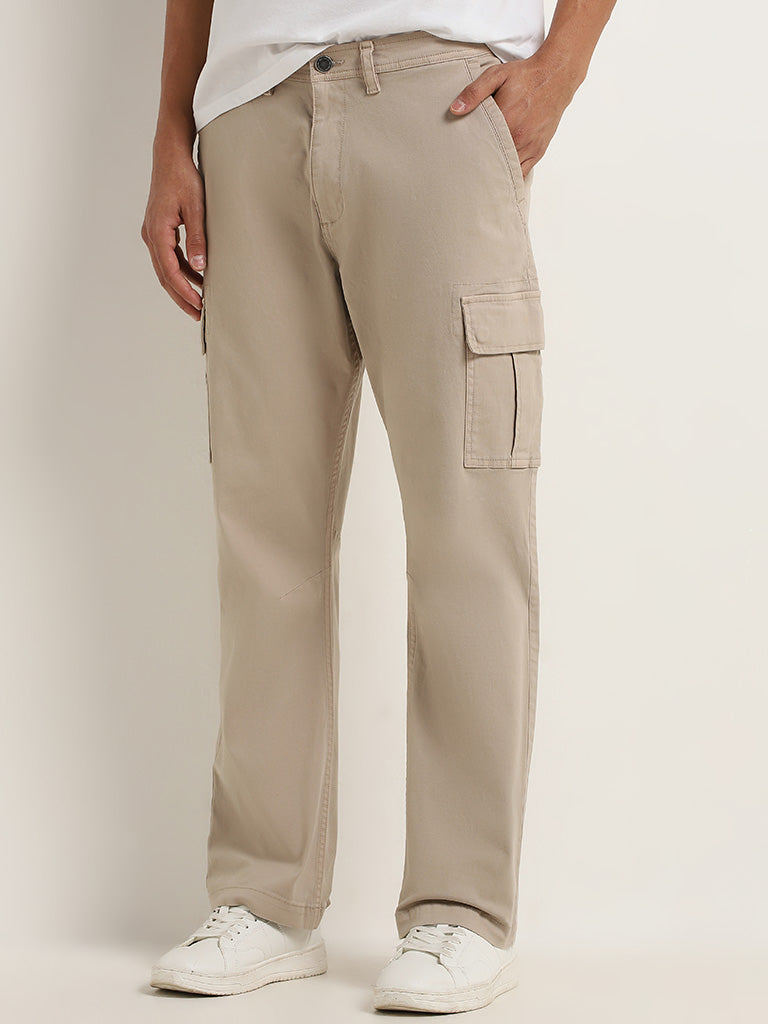 WES Casuals Beige Cargo-Style Relaxed Fit Pants