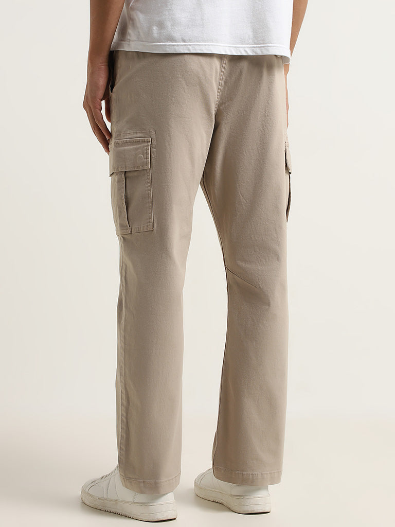 WES Casuals Beige Cotton Blend Cargo-Style Relaxed Fit Pants