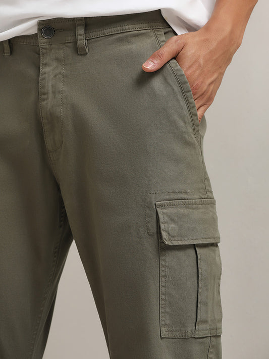 WES Casuals Olive Cotton Blend Cargo-Style Relaxed Fit Pants