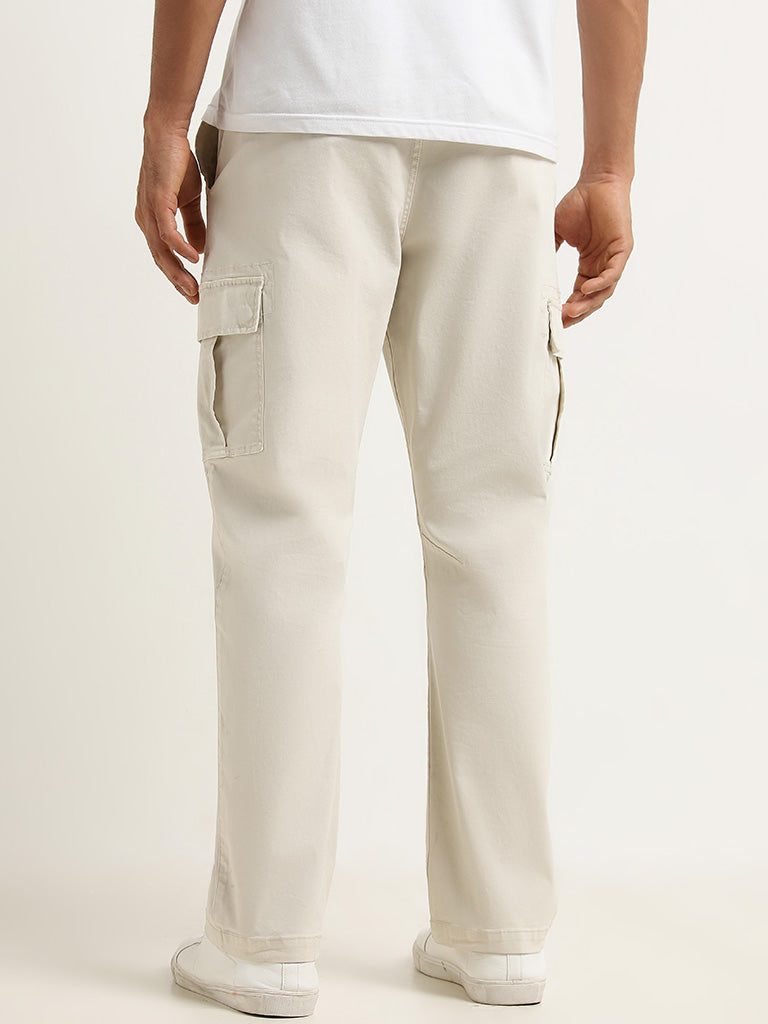 WES Casuals Off-White Cargo-Style Cotton Blend Relaxed Fit Trousers