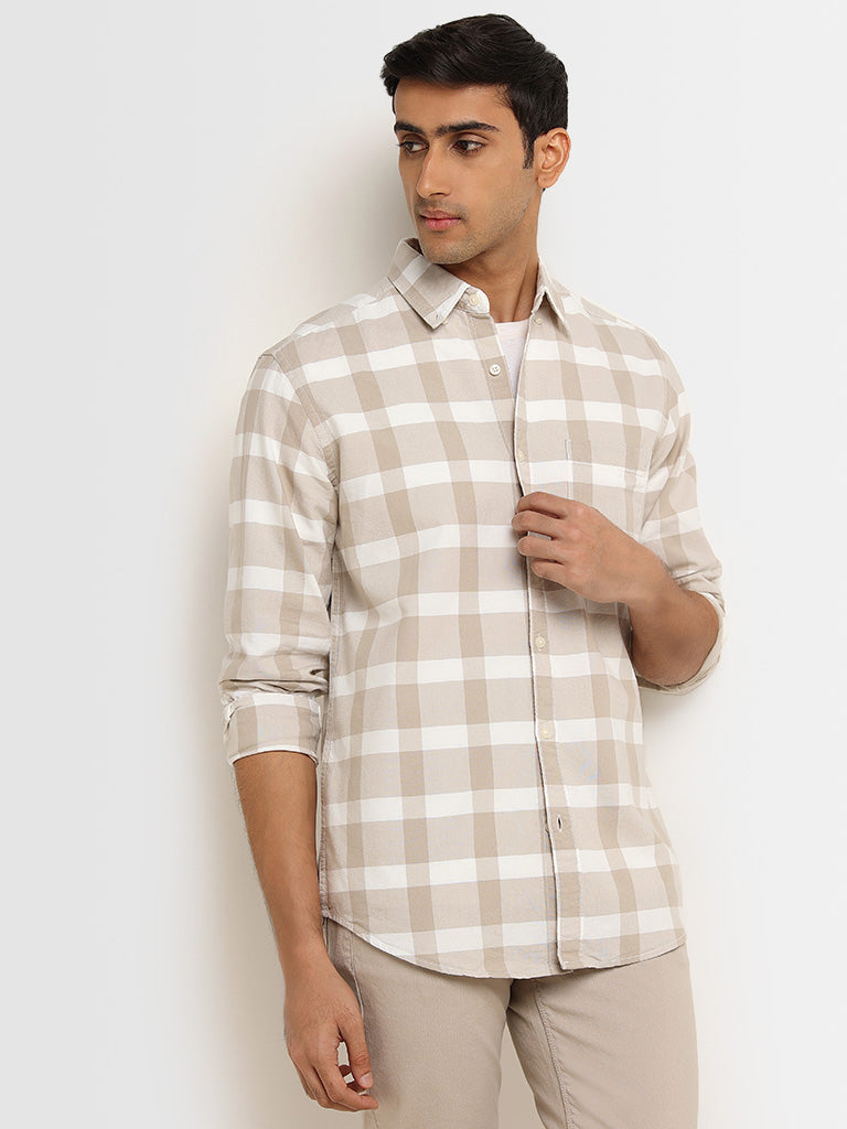 WES Casuals Beige Checkered Print Relaxed Fit Shirt