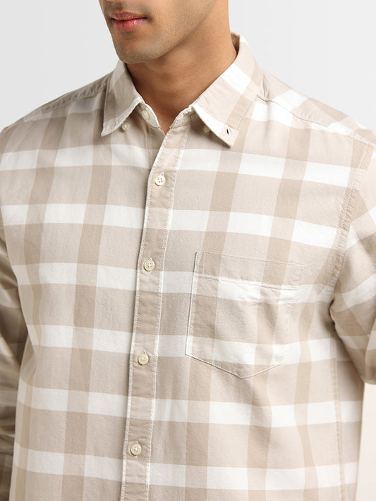 WES Casuals Beige Checkered Print Cotton Relaxed Fit Shirt