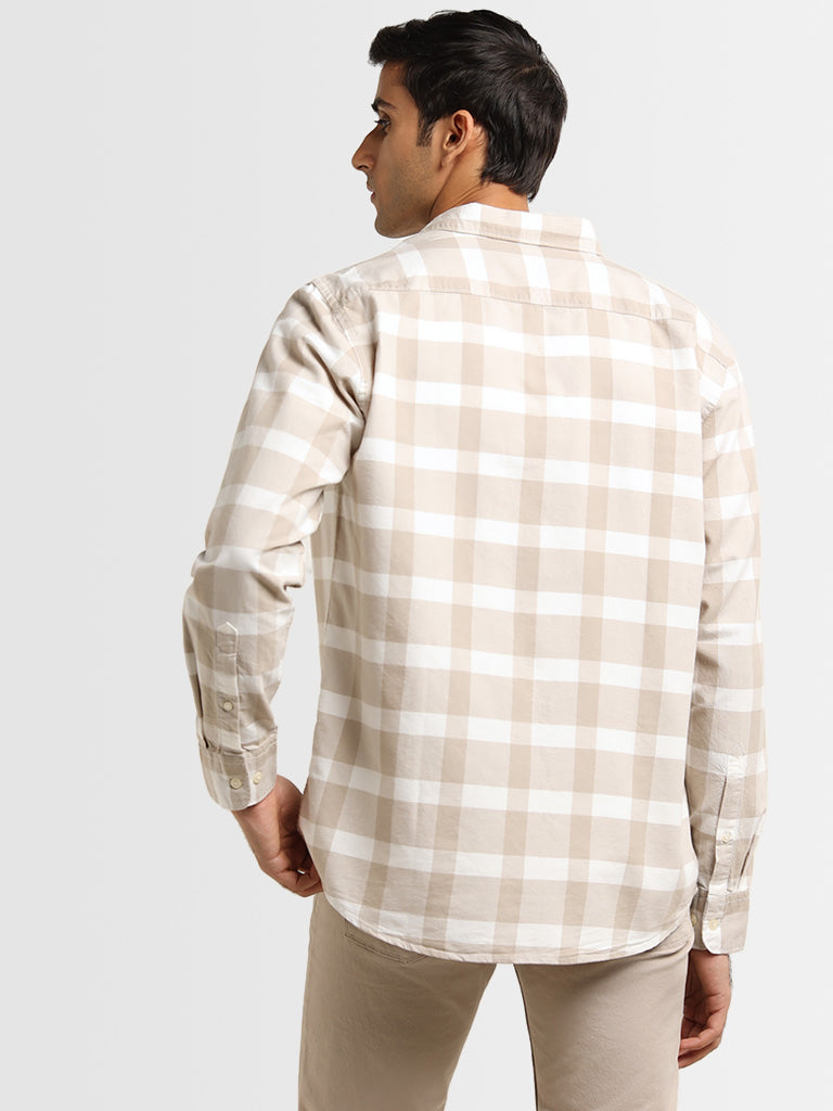 WES Casuals Beige Checkered Print Cotton Relaxed Fit Shirt