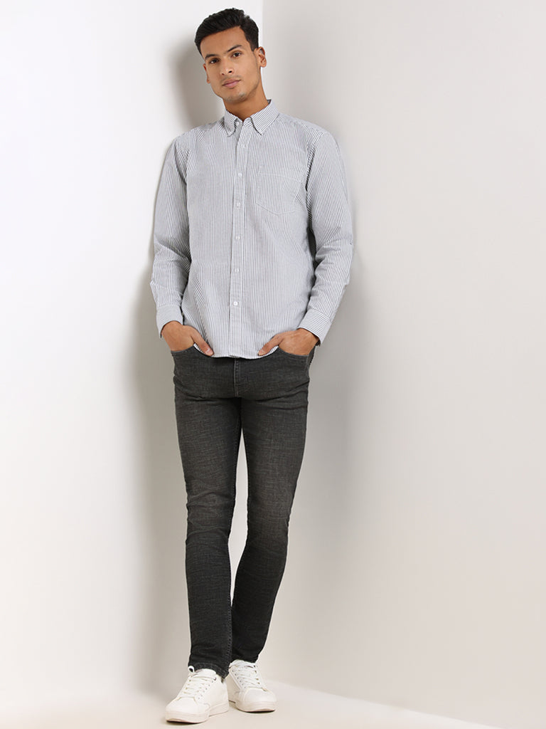 WES Casuals Charcoal Striped Cotton Relaxed Fit Shirt