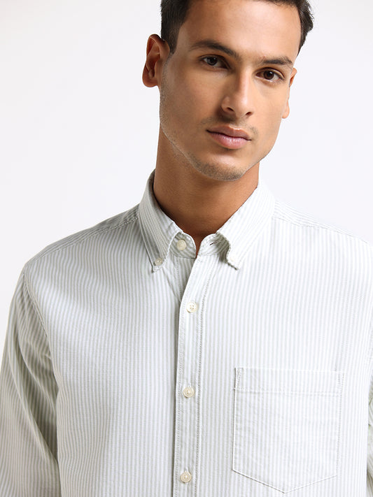 WES Casuals Green Striped Relaxed Fit Shirt