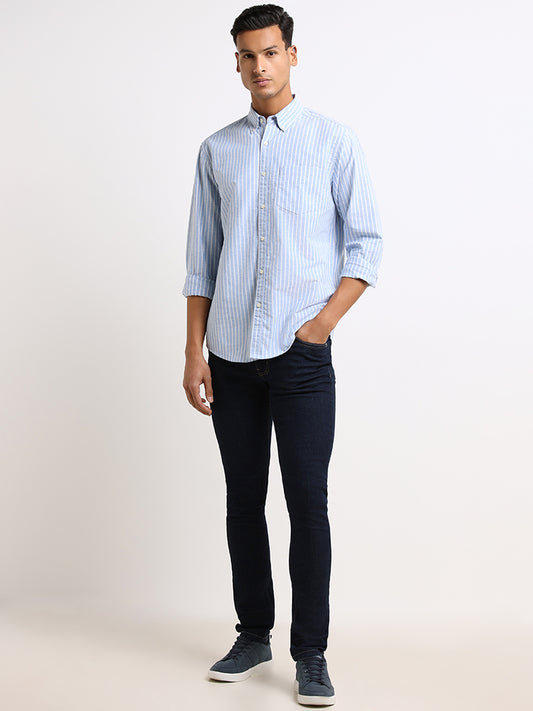 WES Casuals Blue Relaxed Cotton Slim Fit Shirt