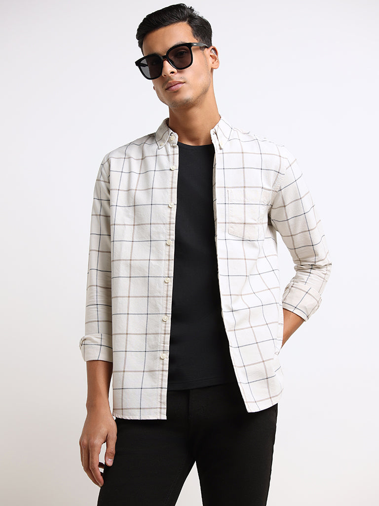 WES Casuals Beige Checked Slim Fit Shirt