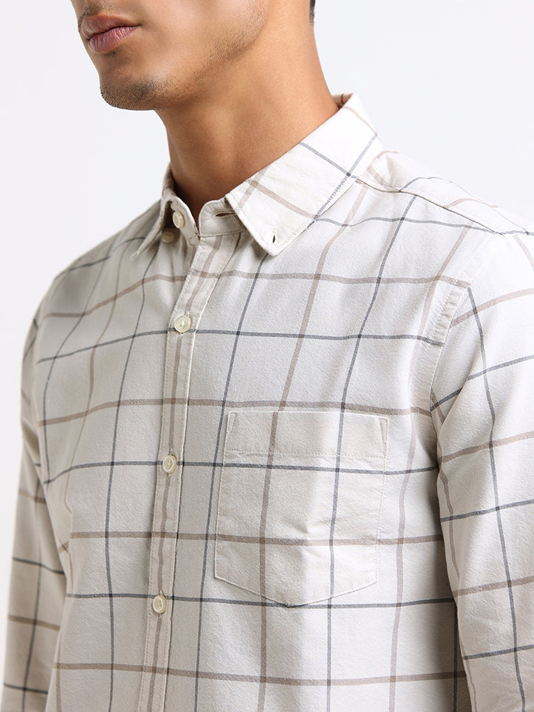 WES Casuals Beige Checked Cotton Slim Fit Shirt