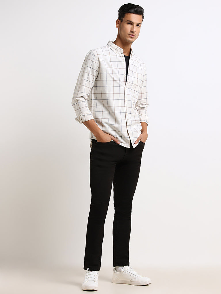 WES Casuals Beige Checked Slim Fit Shirt