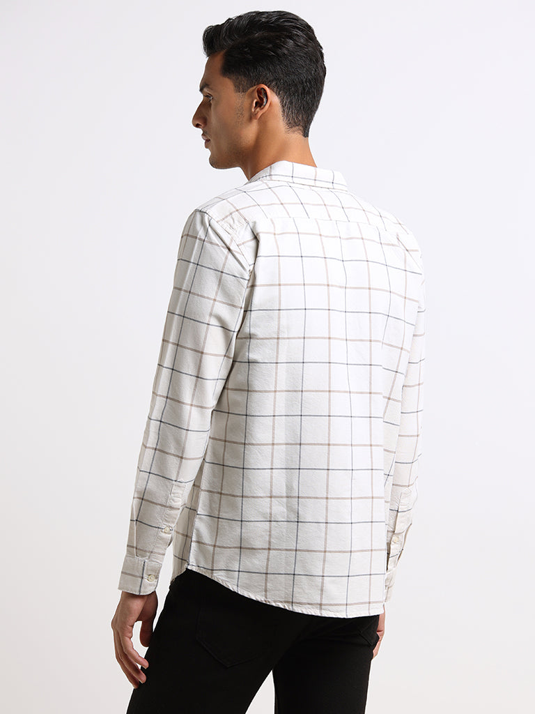 WES Casuals Beige Checked Cotton Slim Fit Shirt