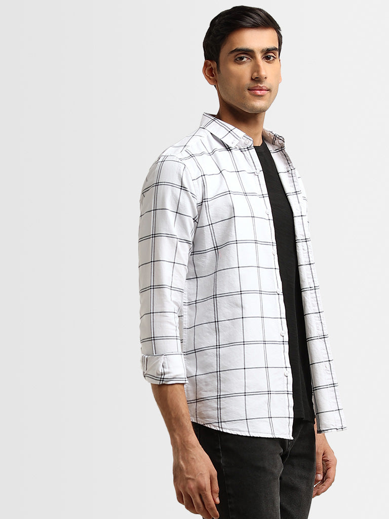 WES Casuals White Checkered Print Cotton Slim Fit Shirt