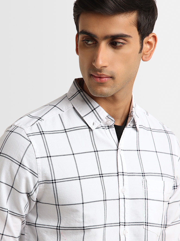 WES Casuals White Checkered Print Slim Fit Shirt