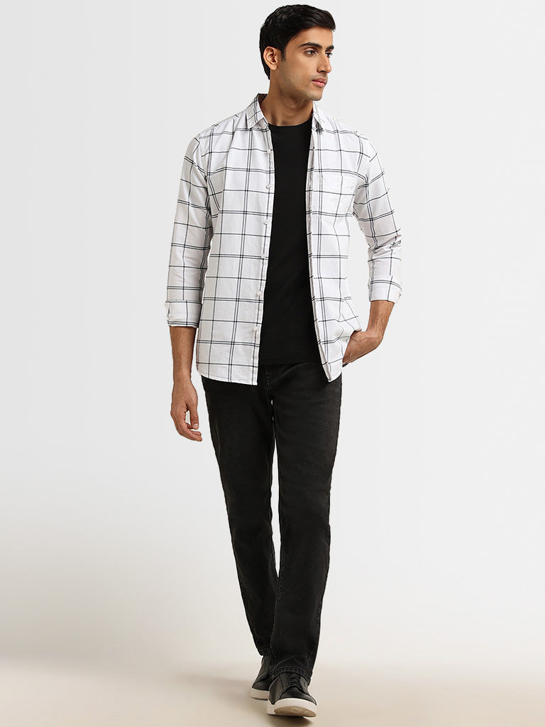 WES Casuals White Checkered Print Cotton Slim Fit Shirt