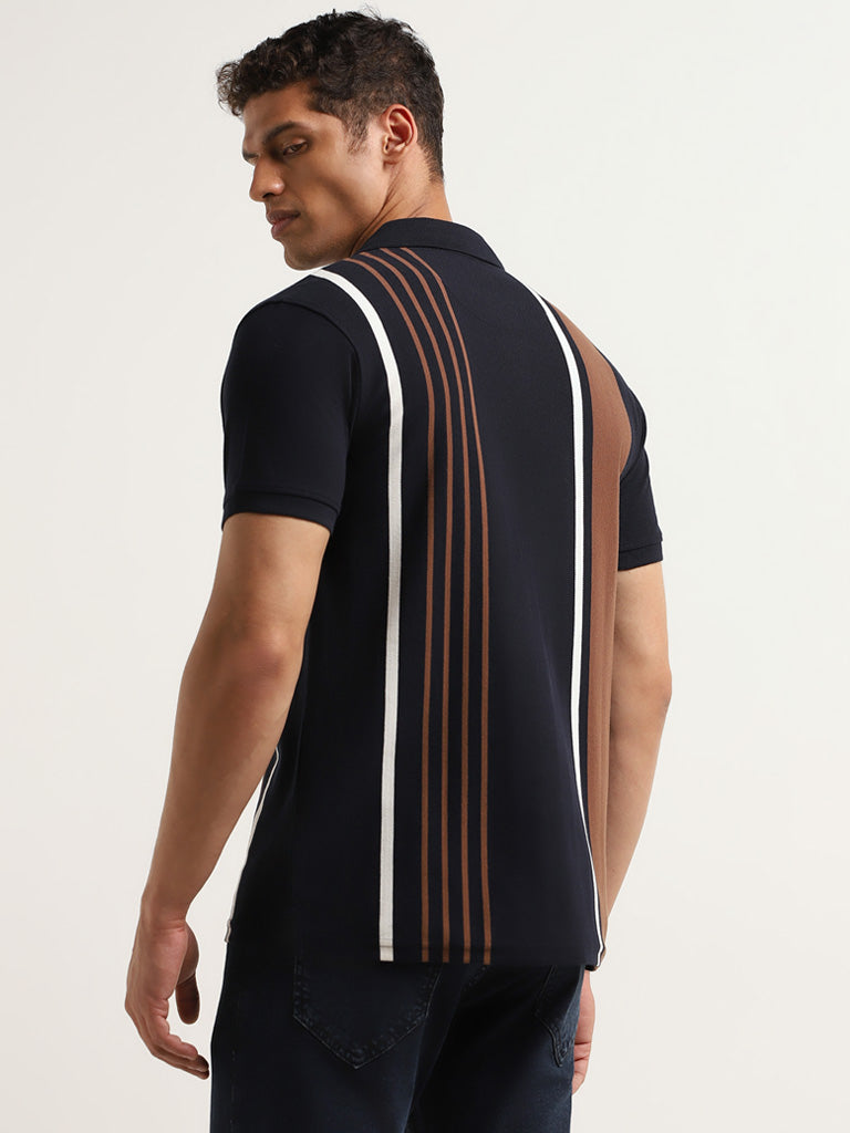 WES Casuals Navy Striped Cotton Blend Slim Fit Polo T-Shirt