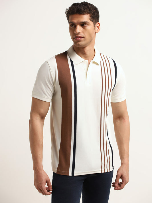 WES Casuals Cream Striped Cotton Blend Slim Fit Polo T-Shirt